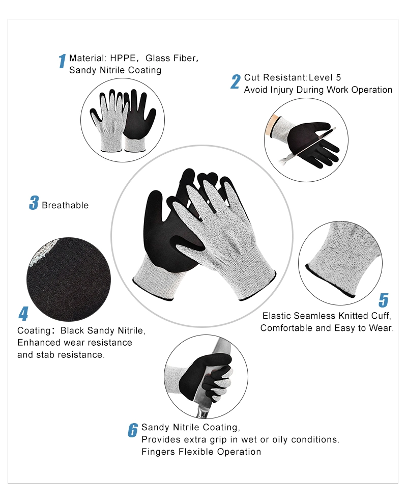 13 Gauge Hppe Sandy Nitrile Palm Cut Resistant Working Glove